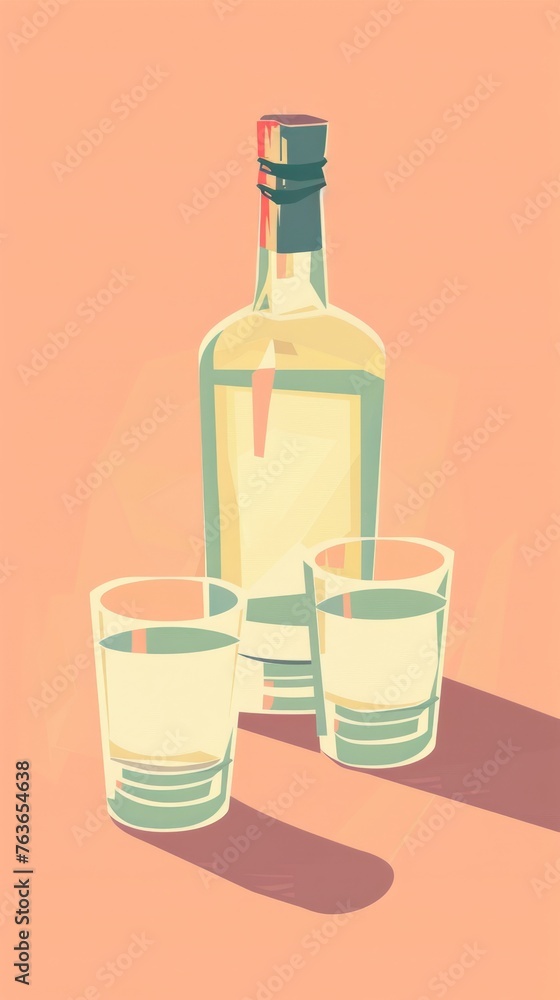 A tequila bottle stands next to two shot glasses on a flat surface. Cinco de Mayo theme. Flat style illustration. A tequila bottle stands next to two shot glasses on a flat surface. Cinco de Mayo theme. Flat style illustration.