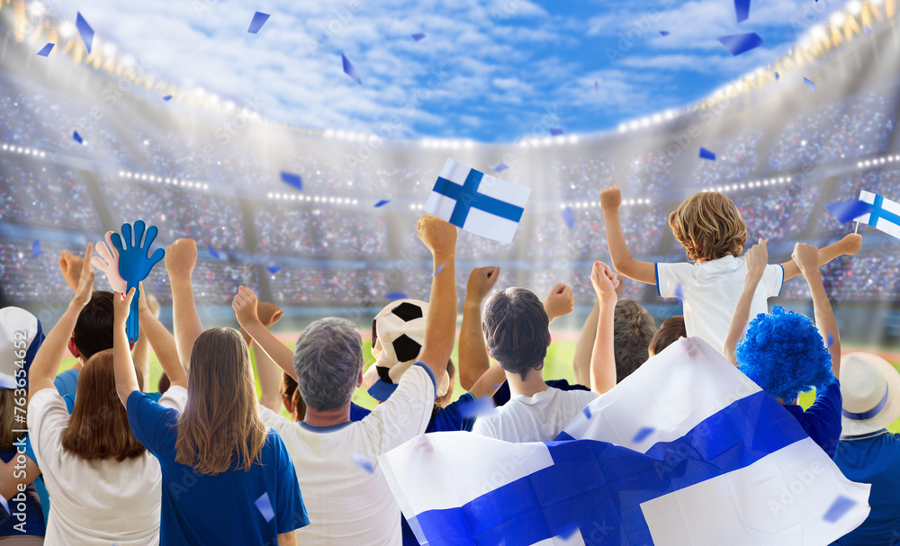 Finland football team supporter on stadium. - obrazy, fototapety, plakaty 