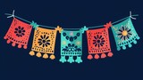 A string of vibrant Mexican decorations, known as papel picado, hangs from a line in celebration of Cinco de Mayo