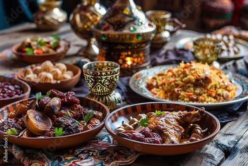 Festive Ramadan iftar table with dates and traditional dishes.