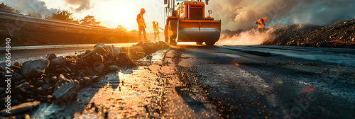Construction Workers Paving Asphalt Road ,
Bustling road construction workers and the presence of heavy road construction machinery photo
