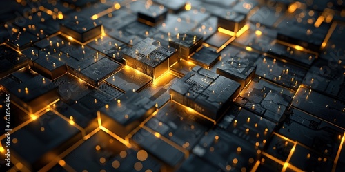 Abstract technology background with glowing lines on futuristic circuit board.