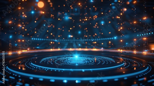 Futuristic digital technology background with glowing particles and circular tech elements, depicting advanced computing or virtual reality concept.