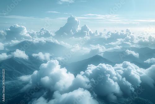 A breathtaking landscape with misty fog or soft clouds, creating a serene and tranquil atmosphere
