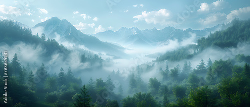 A breathtaking landscape with misty fog or soft clouds, creating a serene and tranquil atmosphere