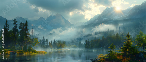 A breathtaking landscape with misty fog or soft clouds  creating a serene and tranquil atmosphere