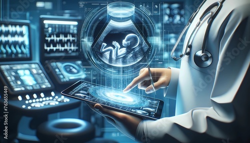 Advanced prenatal care visualization with a doctor analyzing a holographic ultrasound of a fetus, showcasing modern obstetrics and gynecology technology photo