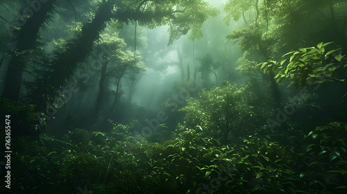 Sunlight Breaking through Foggy, Lush Green Forest: A Celebratory Depiction of Nature's Splendor © Louisa