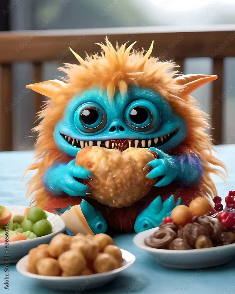 Cute little monster with three plates of food, for characters design, for 3d design, for ilustrations design.