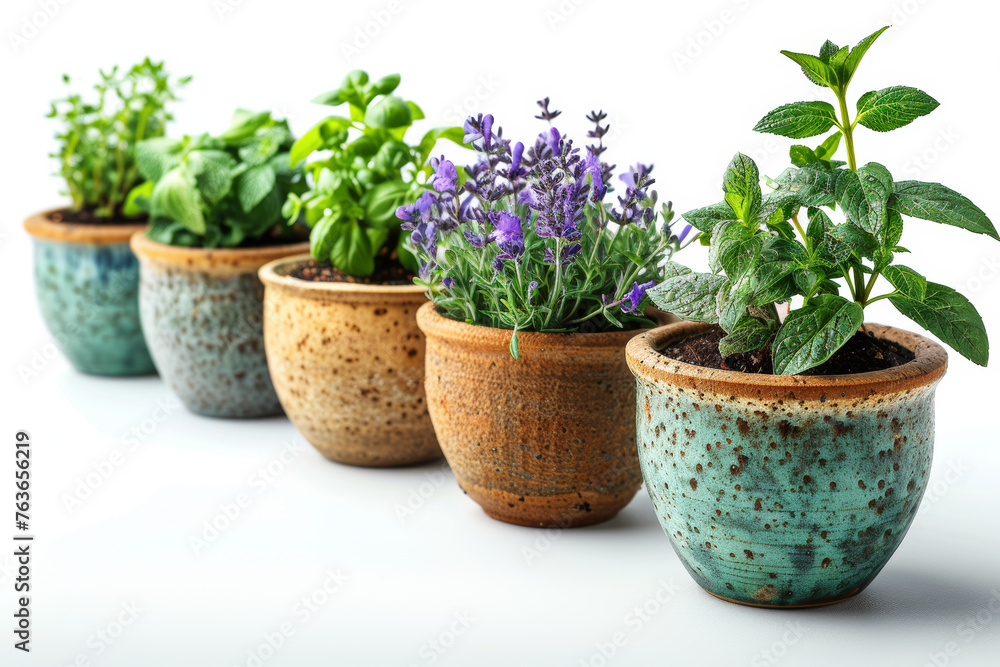 Collection of aromatic herbs in small pots isolated on a white background. Concept of culinary freshness. Generative Ai.