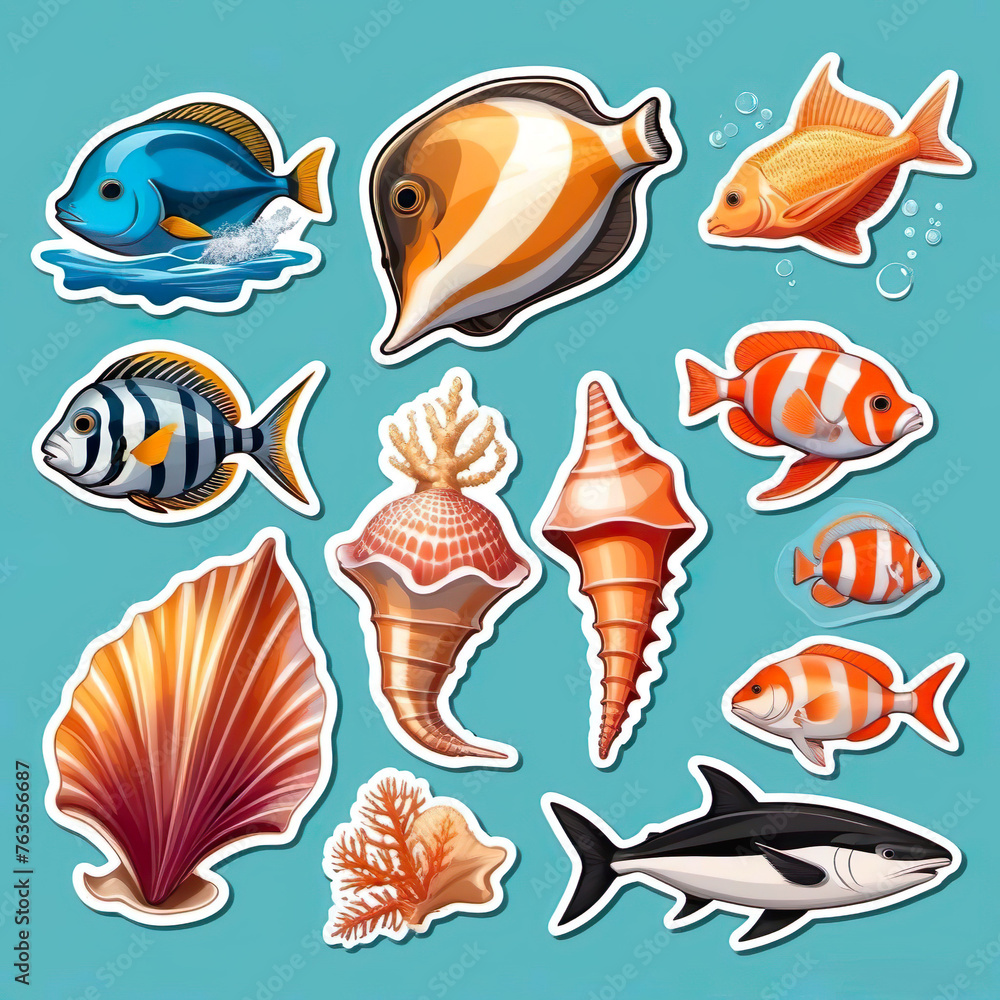 Naklejka premium Diseño de pegatinas mar peces caracolas concha y coral