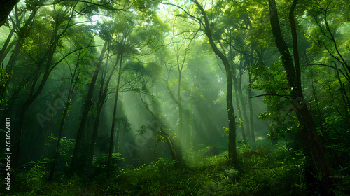 Sunlight Breaking through Foggy, Lush Green Forest: A Celebratory Depiction of Nature's Splendor © Louisa