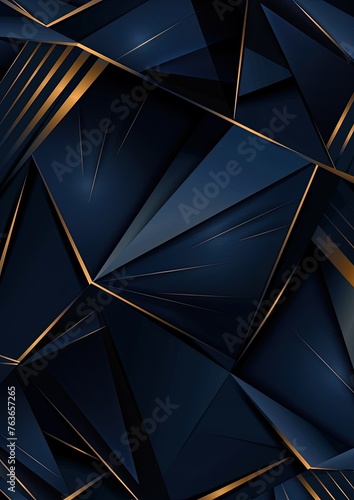 Luxurious Dark Blue Abstract Template with Geometric Triangle Pattern and Golden Striped Lines on Black Background Abstract