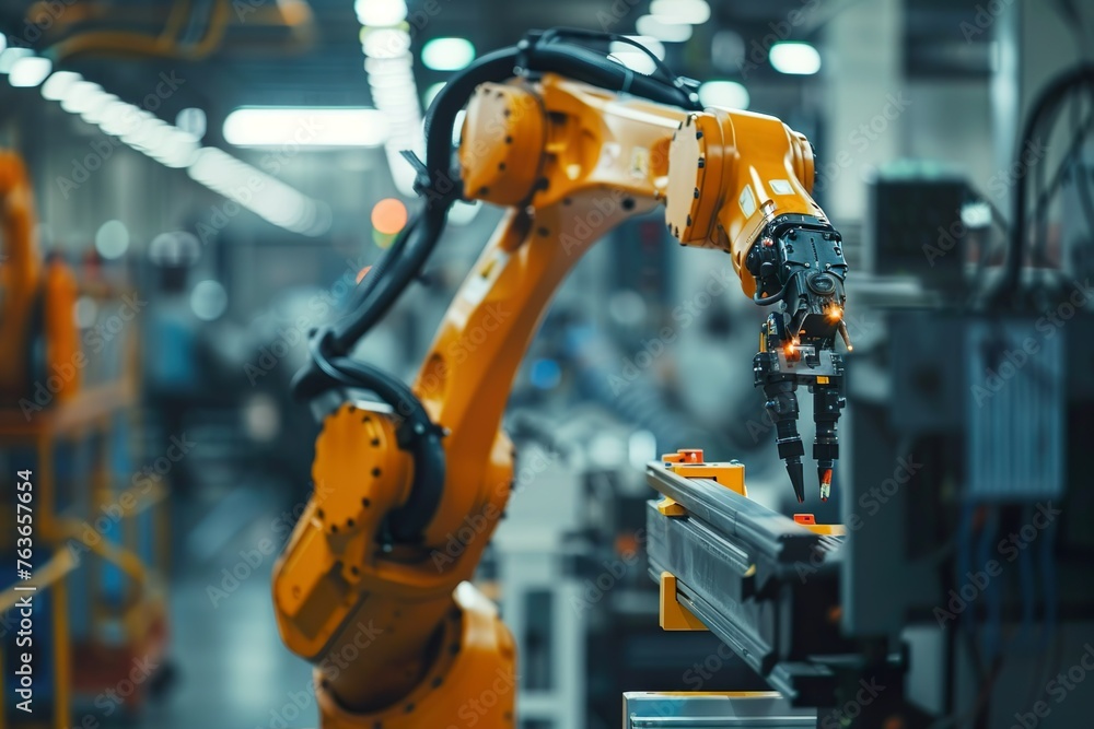 Robotic arm working on assembly line in a modern manufacturing facility Robotic arm working on assembly line in a modern manufacturing facility