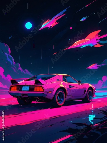 sport car illustration in neon cyberpunk style