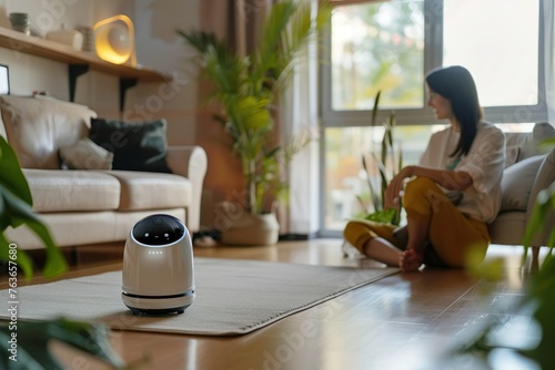 AI robot assistant helping a person with daily tasks in a smart living environment
