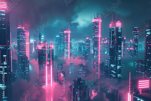 A futuristic city skyline illuminated by vibrant neon lights at night