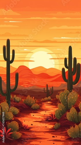 Realistic depiction of a desert landscape at sunset in Mexico, featuring cactus trees under a colorful sky. Cinco de Mayo theme.