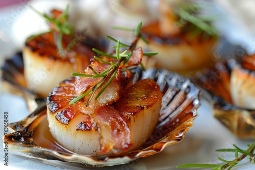 Grilled Scallops with Bacon on Shell with Herbs