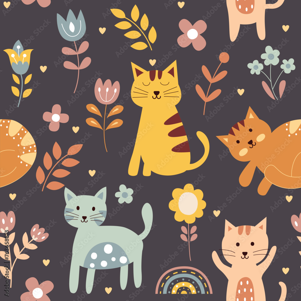 Seamless pattern of cute cartoon cat illustration