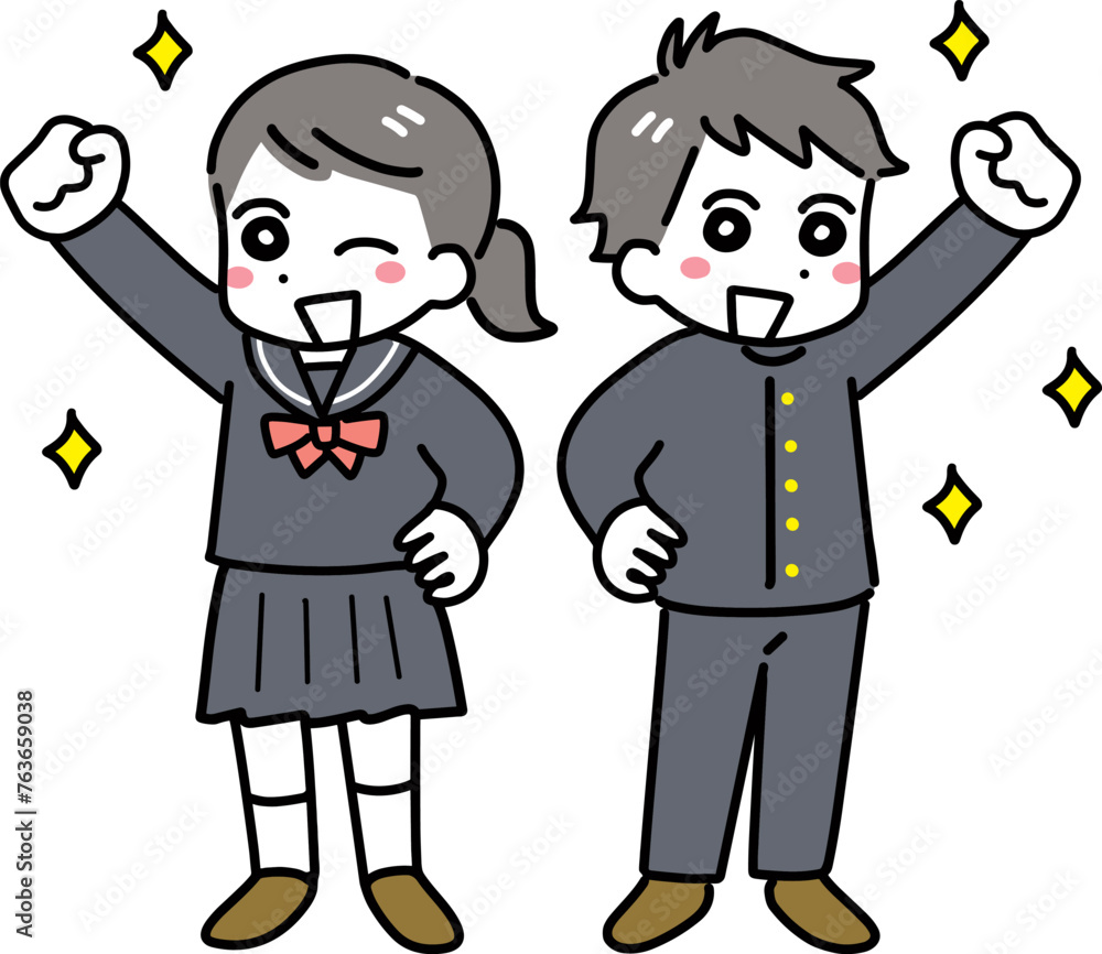 笑顔でガッツポーズする学生の男女 笑顔でガッツポーズする学生の男女