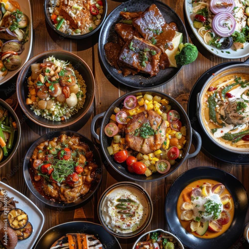 Array of various delicious dishes on table - An appetizing top view shot of a variety of dishes served on a wooden table, showcasing a range of colors and ingredients Array of various delicious dishes on table - An appetizing top view shot of a variety of dishes served on a wooden table, showcasing a range of colors and ingredients
