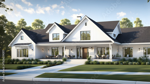 Modern single-family villa, house design, middle class life, lawn in front of the door 