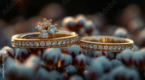 A pair of wedding rings and white flowers