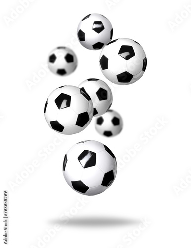 Many soccer balls falling on white background