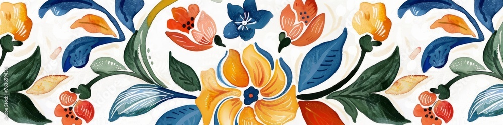Naklejka premium Detailed painting of colorful flowers on a clean white background, showcasing intricate petals and leaves. Cinco de Mayo theme.Banner.