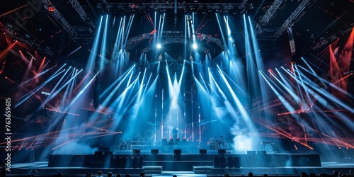 Dynamic light show at a concert stage - A spectacular light show on a concert stage with rays piercing through the smoke, producing a vivid visual experience