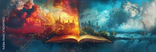 Epic book displaying a city fantasy landscape - Sweeping fantasy landscape with a cityscape, nature and celestial elements emerging from an open book under a dramatic sky