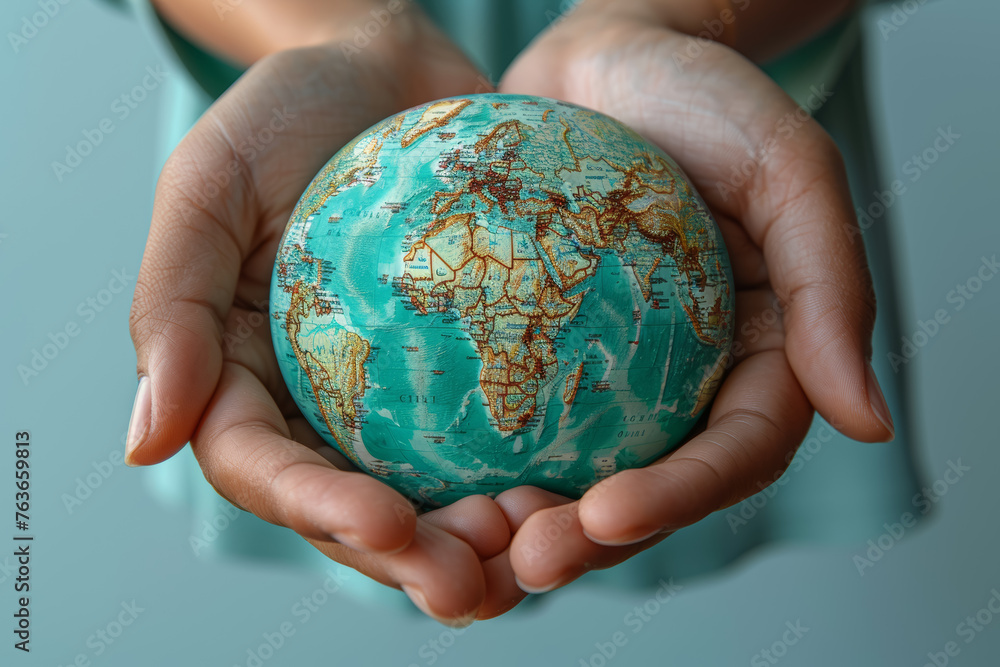 Hands of different skin tones holding a world map, conveying the interconnectedness of cultures across borders. Concept of global cultural interdependence. Generative Ai Hands of different skin tones holding a world map, conveying the interconnectedness of cultures across borders. Concept of global cultural interdependence. Generative Ai
