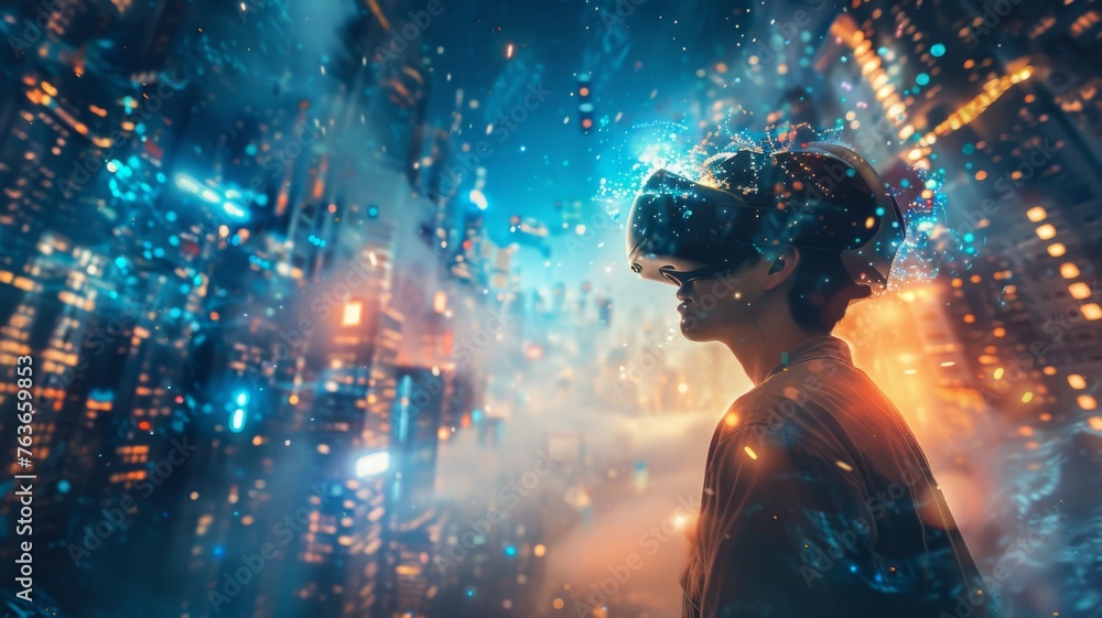 Man exploring cityscape in virtual reality - An image of a person immersed in a virtual cityscape visualization using VR technology Man exploring cityscape in virtual reality - An image of a person immersed in a virtual cityscape visualization using VR technology