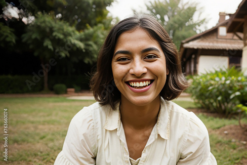 portrait of a woman in retro blouse standing in a neighborhood and smiling with a bunch of jovial energy