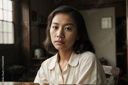 portrait of a woman in her home wearing a collared shirt, looking tired