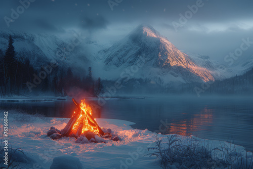 A blazing bonfire illuminating a snowy landscape, illustrating the interplay of warmth and chill in a wintry night. Concept of nocturnal contrast. Generative Ai.