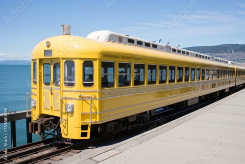 Vintage style yellow and blue train on ocean road with historic architectural accuracy