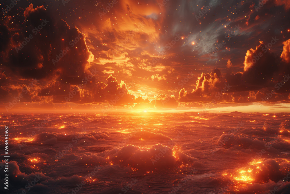 Fiery constellations flickering in the icy expanse of the cosmos, symbolizing the cosmic interplay of celestial warmth and coldness. Concept of astral coexistence. Generative Ai. Fiery constellations flickering in the icy expanse of the cosmos, symbolizing the cosmic interplay of celestial warmth and coldness. Concept of astral coexistence. Generative Ai.
