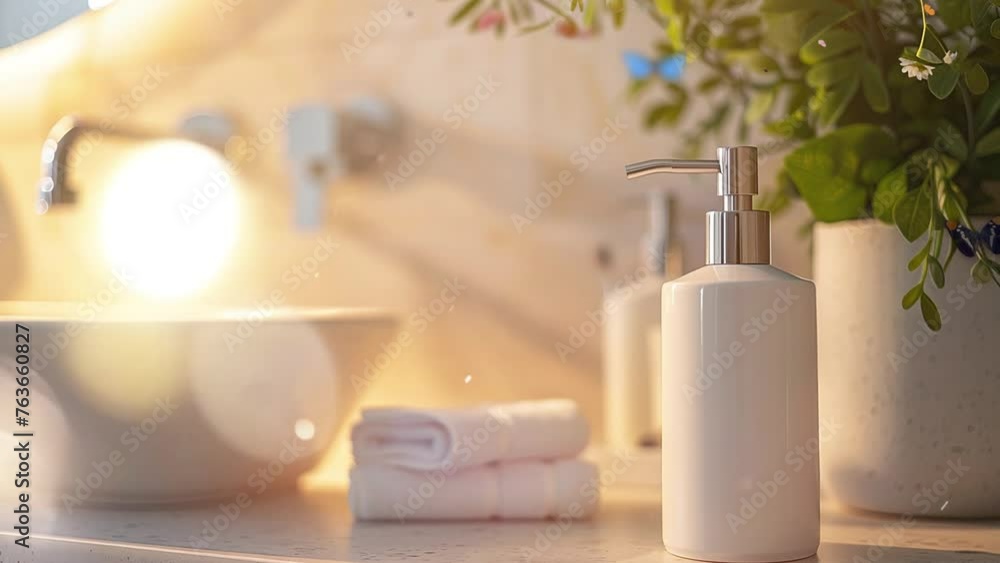 modern home decoration with hygienic soap dispenser on table against defocused background. seamless looping overlay 4k virtual video animation background modern home decoration with hygienic soap dispenser on table against defocused background. seamless looping overlay 4k virtual video animation background