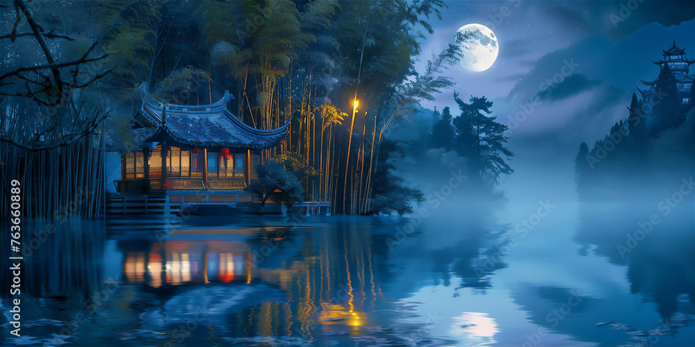 Scenic Misty Night with full moon over the lake with Asian traditional house and bamboo trees