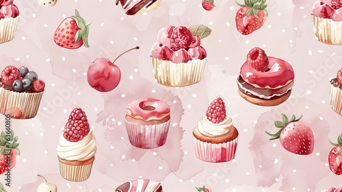 Watercolor Dessert Pattern. watercolor cupcake donuts, cake patterns for wallpapers, fabrics, textiles, and banners. photo