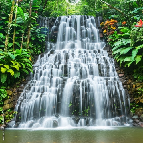Lush Step Waterfall Surrounded by Tropical Flora in a Serene Jungle Setting  Ideal for Nature Backgrounds and Tranquil Environment Concepts