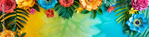 Vibrant bunch of flowers hanging on a wall in a watercolor style decoration for Cinco de Mayo celebration. Banner. Copy space.