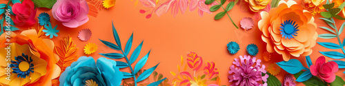Festive paper flowers and decorations in bright colors to celebrate Cinco de Mayo. Banner. Copy space.