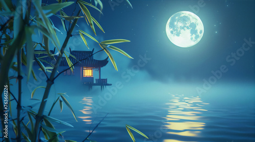 Scenic Night with full moon over the calm lake with Asian traditional house and bamboo trees frame