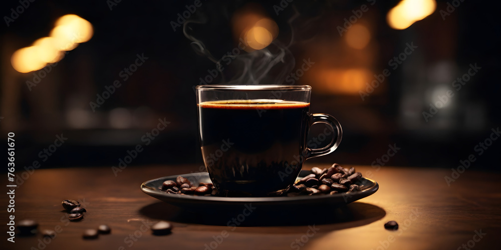 Obraz premium Steaming Cup of Coffee on Saucer with Coffee Beans at Night