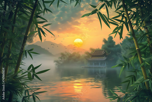 Sunset over the lake with Asian traditional house and green bamboo trees