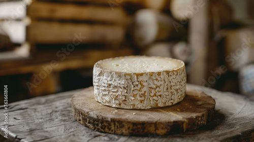 A piece of cheese is placed atop a rustic wooden table.