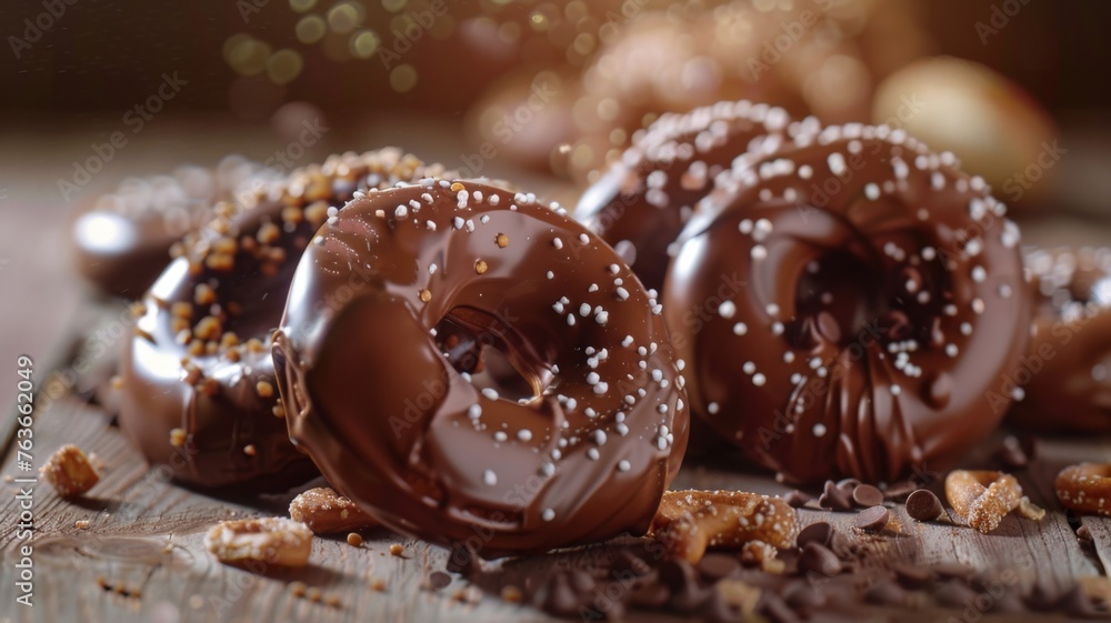 Stack of chocolate pretzels on a wooden surface - A pile of chocolate-coated pretzels with sea salt, perfectly arranged on a rustic wooden board Stack of chocolate pretzels on a wooden surface - A pile of chocolate-coated pretzels with sea salt, perfectly arranged on a rustic wooden board